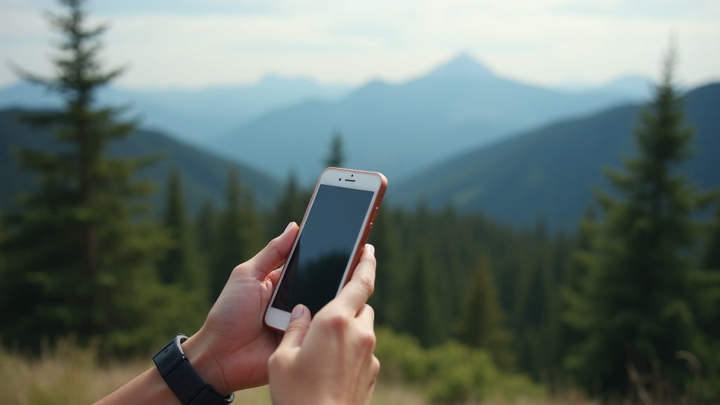 Person using smartphone outdoors with Pacific Northwest mountain landscape in the background