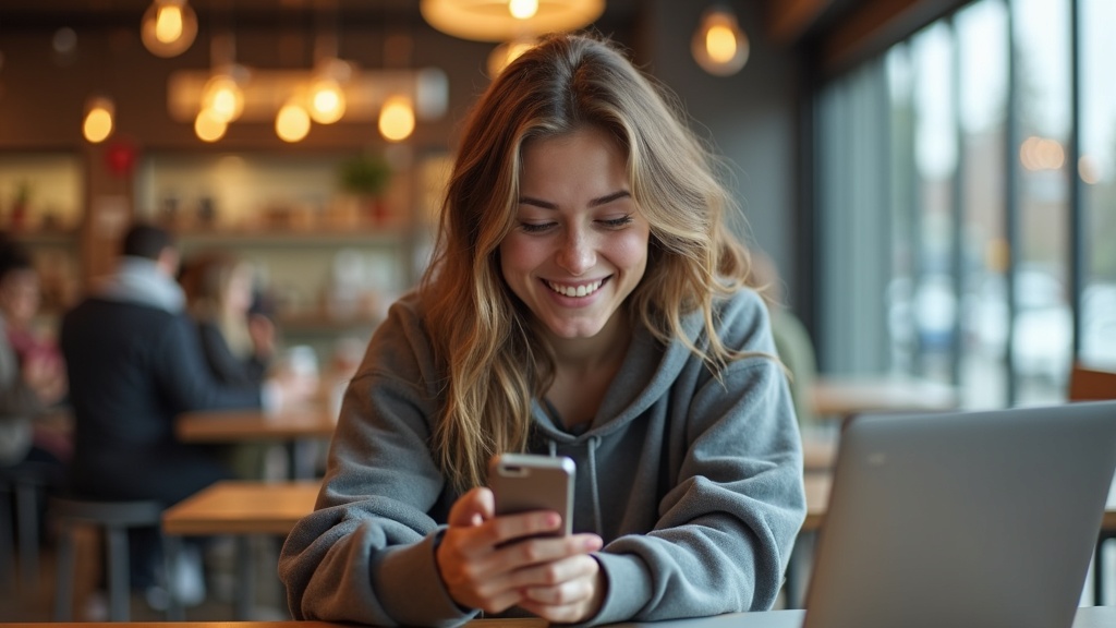 College student using smartphone in a campus coffee shop